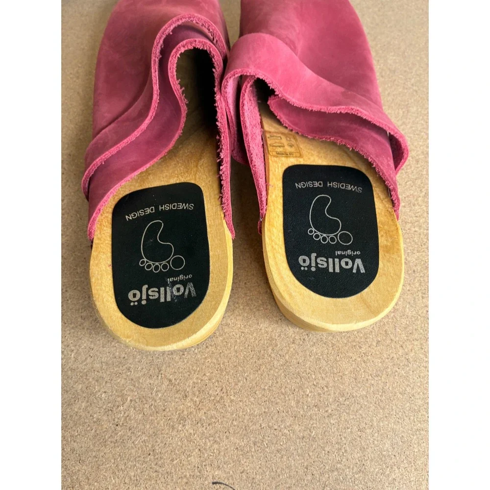Vollsjo Swedish Design Magenta Pink Nubuck Leather Wooden Clogs Mules Size 38 - Picture 8 of 11